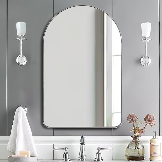 ANDY STAR Chrome Bathroom Mirror, 20" x 30" Arch Mirror in Stainless Steel Metal Frame, Chrome Arched Bathroom Mirror for Wall, Arch Top Rounded Corner 1" Deep Set Design Wall Mount Hangs Vertical