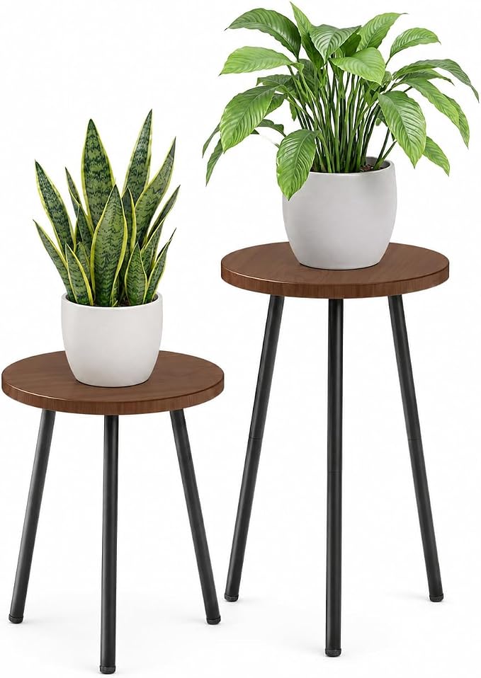 2 Pack Plant Stand Set: Small Round Plants Stand Indoor Wood Grain Plant Tables with Metal Legs - Indoor Outdoor Plant Stands for Living Room, Bedroom, Patio, Balcony, Brown, 150 lbs Capacity
