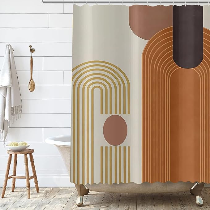 Mid Century Modern Extra Long Shower Curtain, Boho Brown Abstract Arch Machine Washable Waterproof for Bathroom Bathtub with 12 Hooks 72Wx78H