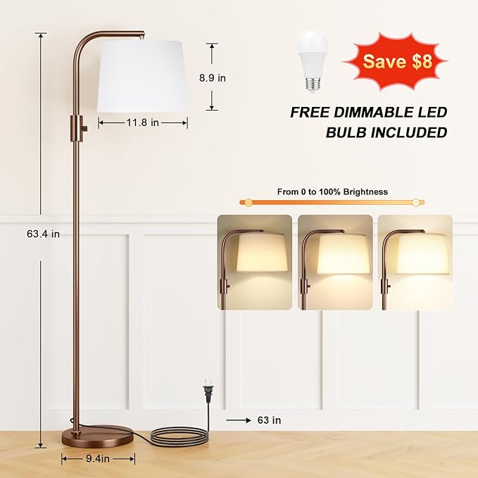Ambimall Fully Dimmable Floor Lamp with 9W LED Bulb - Standing Lamp for Living Room with Adjustable Head, Modern Tall Light with Rotary Switch for Office, Brown and White