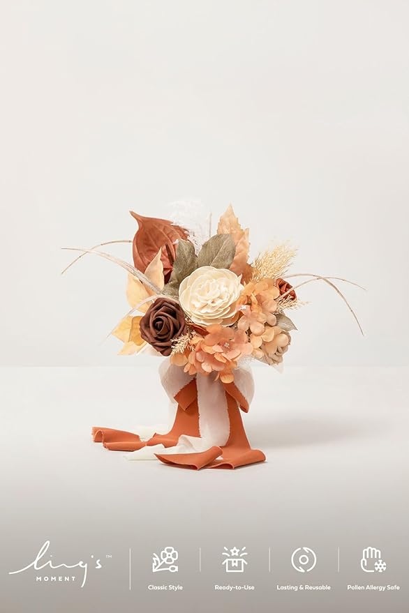Ling's moment Artificial Flowers Boho Bridesmaid Bouquet, Terracotta Wedding Flowers Bouquets, 7 Inch Bridal Bouquets for Bridesmaids, Wedding Decor, Ceremony, Anniversary, etc
