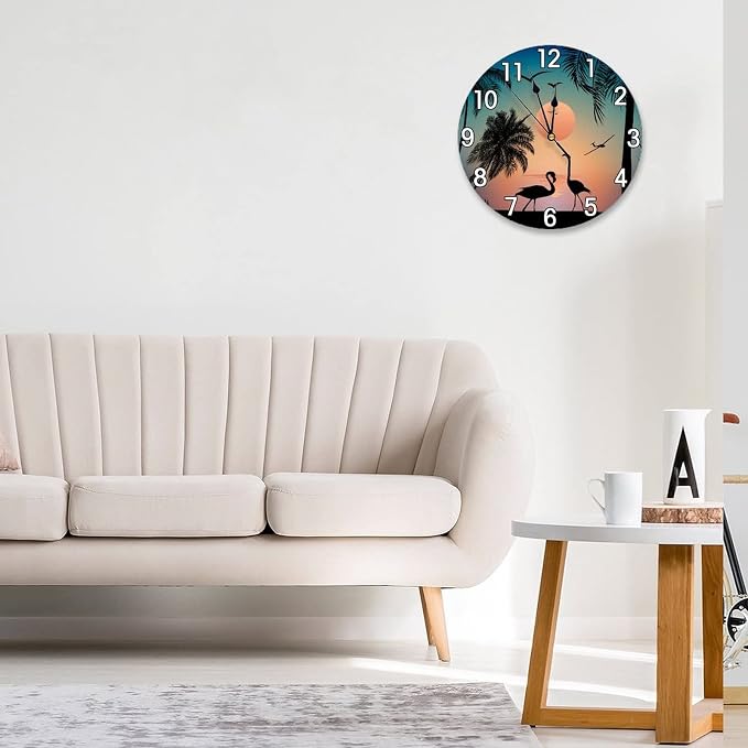 Flamingos Walking On The Sea Beach Wall Clock Battery Operated Silent Non Ticking Round Clock Wall Decor for Home Kitchen Living Room 9.8 Inch