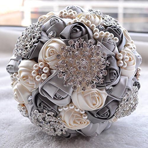 S_SSOY Romantic Wedding Bride Holding Bouquet Roses with Diamond Pearl Ribbon Valentine's Day Bouquet Confession (Gray)