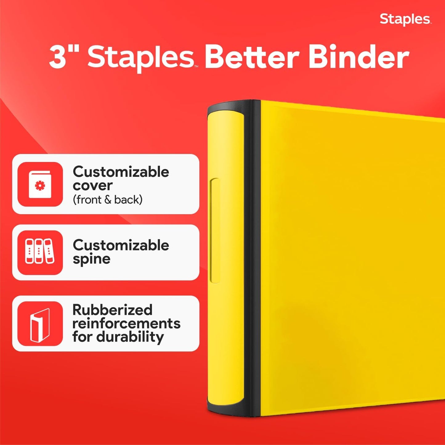 Staples Heavy-Duty 3-Inch D-Ring Binder - Large Capacity Yellow Binder Holds Up to 600 Sheets