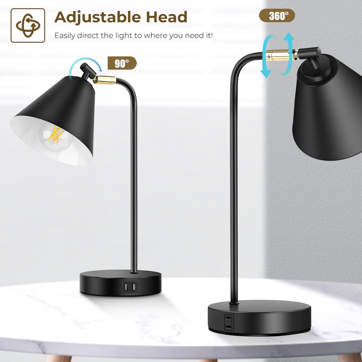 Skiennix Industrial Dimmable Desk Lamp - Touch Control with 2 USB Ports & AC Outlet | Black Metal Finish