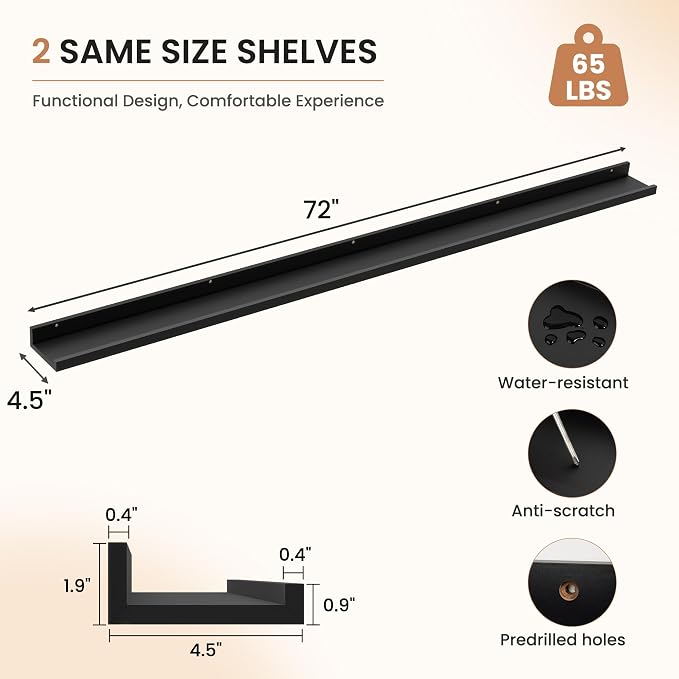 Dreamland Picture Ledge Shelf for Wall, Floating Shelves Set of 2,72 inch Long Floating Shelves with Lip for Living Room,Bedroom,Bathroom,Kitchen,Black