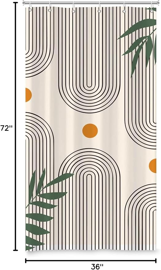 Boho Mid Century Shower Curtain Bohemian Minimalist Geometric Arch Sun Bathroom Curtain Sage Green Plant Polyester Shower Curtain Sets for Bathroom Extra Long 36x72 in with 6 Hooks