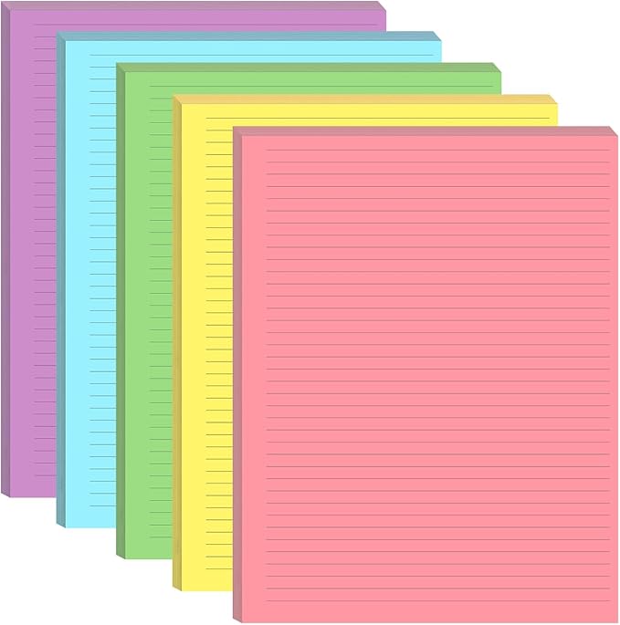 Unpunched Colorful Lined Paper - 100 Sheets/200 Pages Loose Leaf Paper Line Refills, Per Color 20 Sheets, 8.5" x 11"