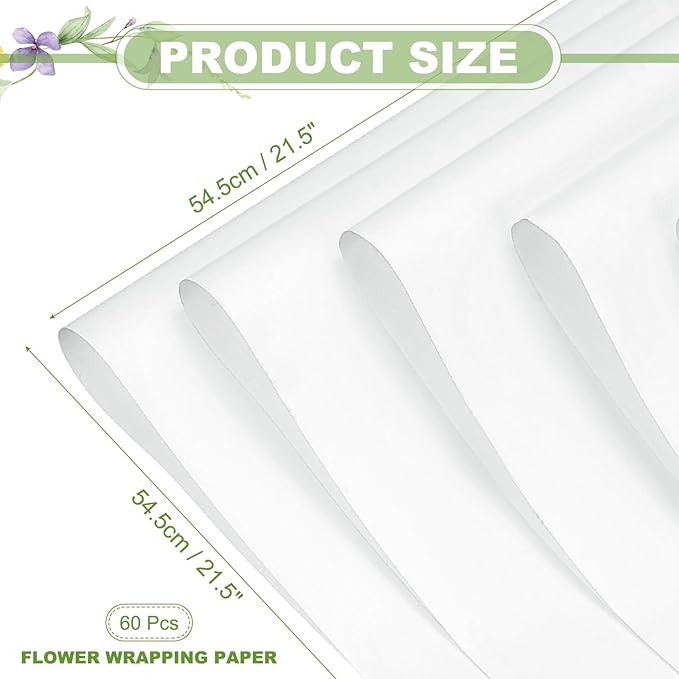uxcell 60 Sheets Flower Wrapping Paper, 21.5" x 21.5" Waterproof Floral Bouquet Wrapping Papers Florist Supplies for Wedding Party Gift Packaging DIY Crafts, White