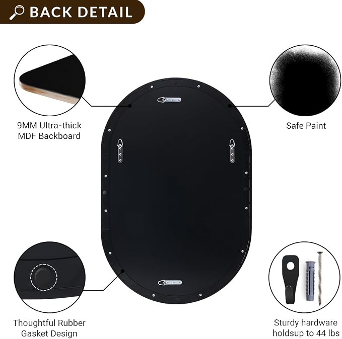 ANDY STAR Black Oval Mirror, 20x33’’ Oval Mirrors for Bathroom, Pill Shaped Mirror, Black Mirror Vanity, Modern Black Mirror for Bathroom Stainless Steel Metal Framed Wall-Mounted Mirrors