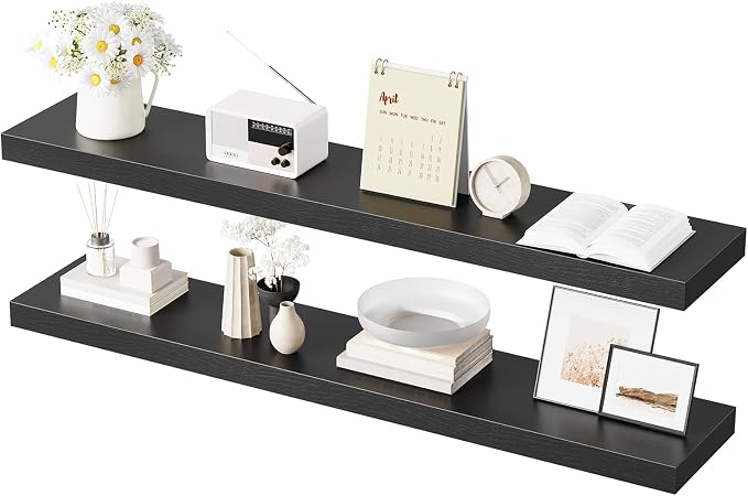 HOOBRO Floating Shelves for Wall, Wall Mounted Shelf Set of 2, 47.2" Hanging Shelf with Invisible Brackets, for Wall Decor Storage in Bathroom Bedroom Kitchen Living Room Office, Black BK120BJP201