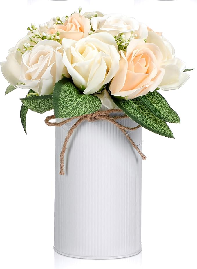 Domensi 5.91 in High Farmhouse Vase Decor Galvanized Metal Flower Vase with Twine Bow Vintage Rustic Tin Flower Buckets for Artificial Floral Table Container DIY(White,1 Pcs)