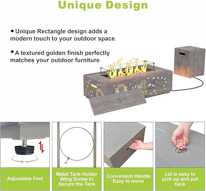 2-Piece 42" LED Rectangular Propane Fire Pit for Outside Patio with Hidden Tank Table, 50,000 BTU Fireplaces with Glass Wind Guard, Lid, Glass Rocks, Cover(Sunflower w/Warm Light)