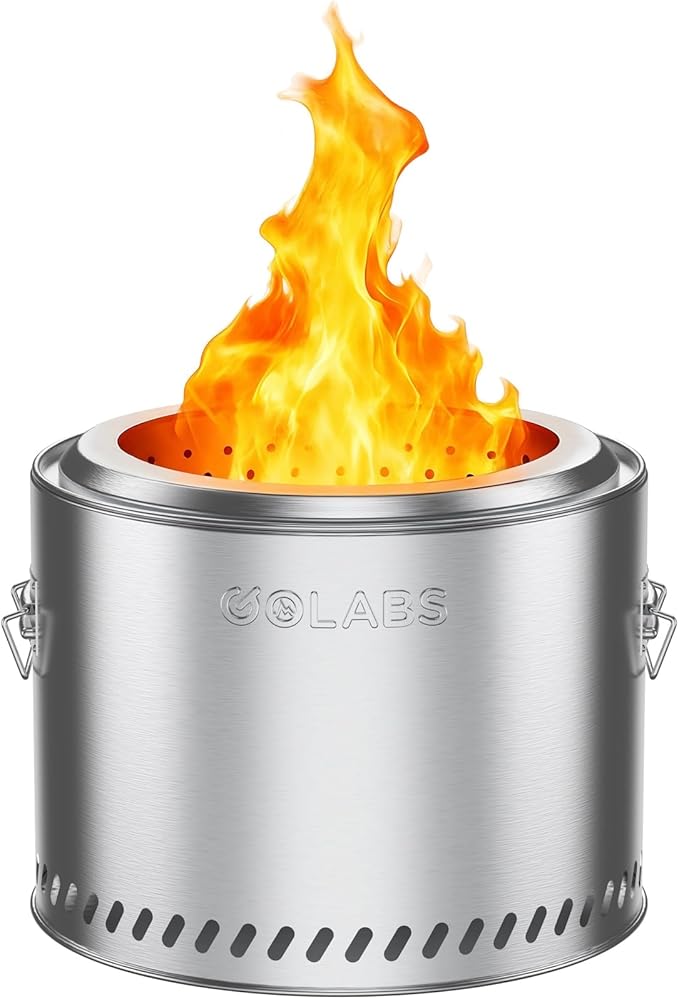 Golabs Smokeless Fire Pit 19.5", Portable with Handle, Stainless Steel Outdoor Firepit with Removable Ash Pan & Fire Poker, Easy to Clean, Efficient Heating & Less Ash, Perfect for Backyard & Camping