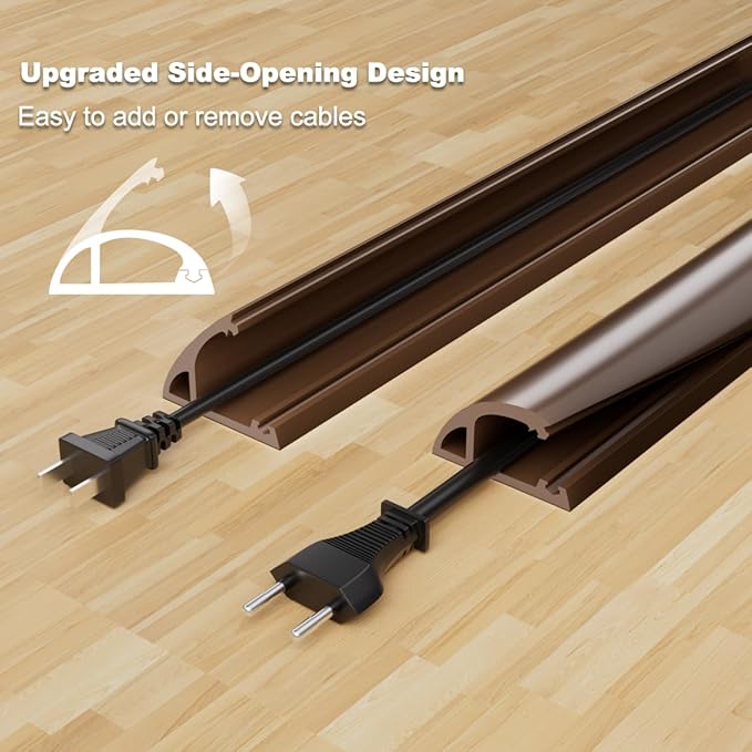Kneelisa 10FT Side-Open Extension Cord Covers for Wires on Floor,Silicone Power Cable Protector Cord Hider Management Strip,Hide Electric Wire on Carpet,Chord Runner Protective Safety Wiremold,Brown