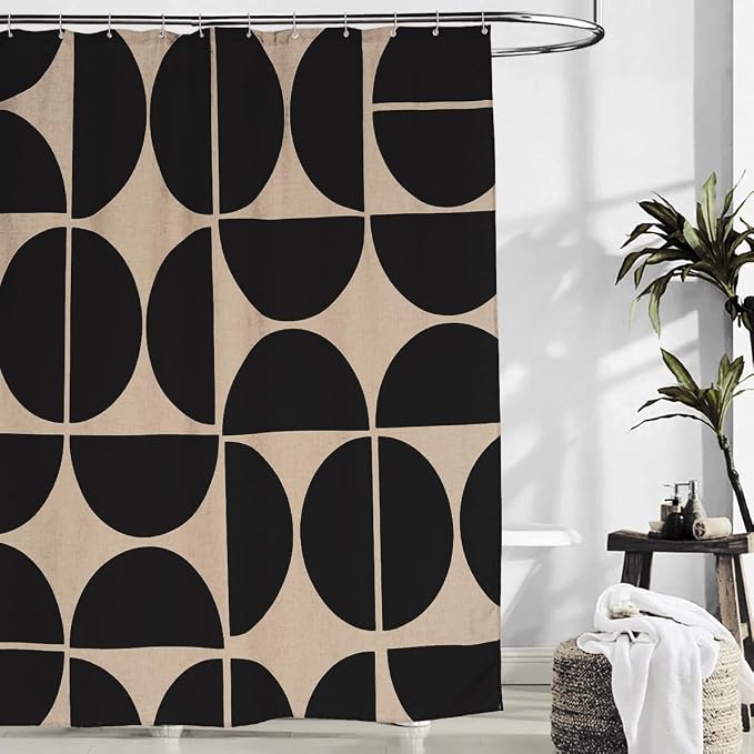 Black and White Geometric Linen Fabric Shower Curtain Sets,Mid-Century Modern Abstract Art Bath Curtain for Bathroom with 12 Hooks, 72 x 72 Inches