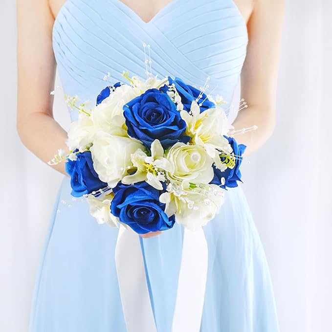 Royal Blue & White Wedding Bouquets for Bride Bridesmaid Bouquet Artificial Roses Tossing Bridal Bouquet for Wedding Church Home Decoration, Gifts