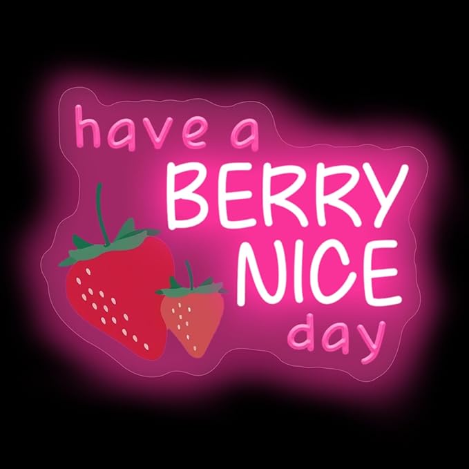 Have A Berry Nice Day Neon Sign, Aesthetic Wall Art, Light up My Happy Place Sign for Encouraging Light, Vintage Strawberry Decor, Pink Led Light for Bedroom, Club, Gifts For Birthday, Christmas Party