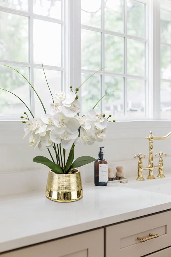 Oairse Artificial White Phalaenopsis Orchid Flower Arrangements Faux Orchid Flower in Gold Pot Orchid Centerpiece for Dining Room Table