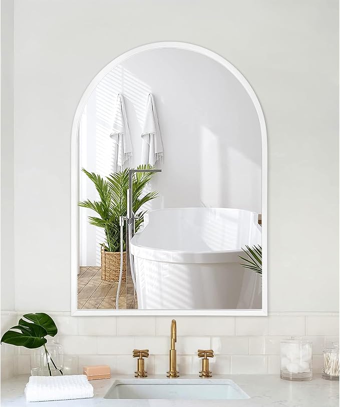 Arch Wall Mirror Bathroom Mirror White Metal Framed Mirror, Arched Metal Wall Mounted Vanity Mirror for Bedroom, Entryway, Living Room 26"x18"