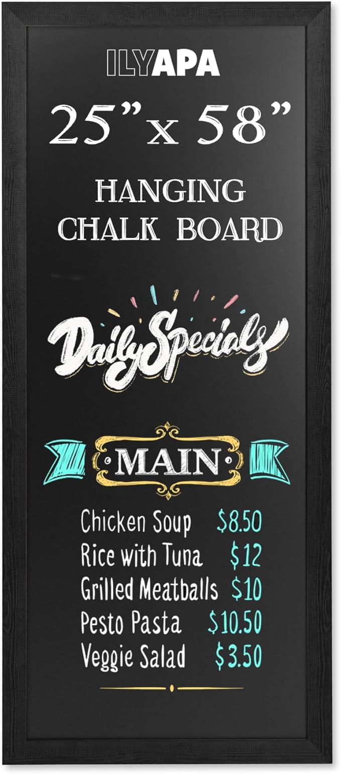Ilyapa Extra Large Black Magnet Board for Wall - 58 x 25 Inches Wood Wall Hanging Menu for Restaurant, Food Truck, Kitchen or First Day, Black Color