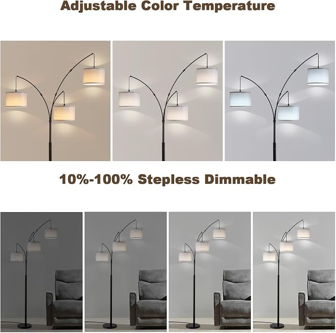 Netin 3 Light Arc Floor Lamps for Living Room, Led Floor Lamp with Remote Control, Modern 80" Tall Standing Lamp with Gray Shades, 3 Color Temperature, Mid Century Tree Floor Lamp for Bedroom, Office