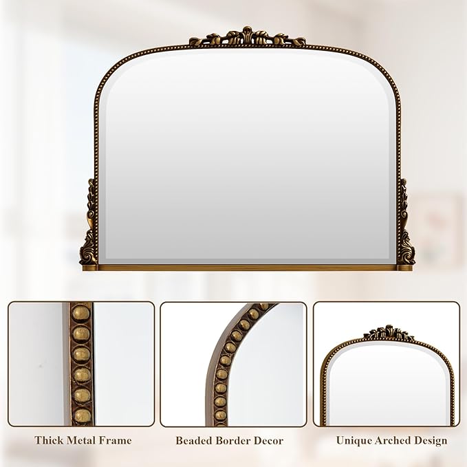 Wall Beaded Mirror, 36 x 27 Inch Round Top Right Angle Wall Mirror, Tempered Glass, Rust Resistant, Horizontally or Vertically Hanging, Gold