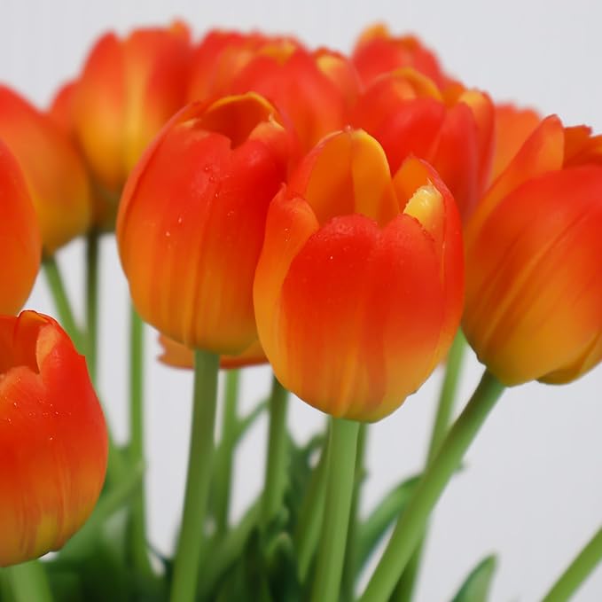 20 Artificial Tulips in Fluted Glass Vase, Waterproof Faux Flowers Bouquet for Wedding Home Office Decor, Table Centerpiece, Housewarming Birthday Gift Set (Orange)