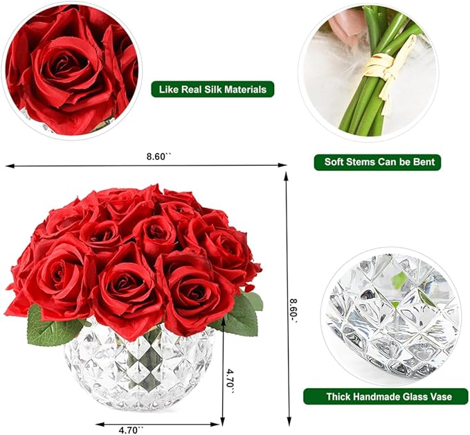 18PCS Artificial Red Rose Fake Flowers in Vase, Fake Rose with Vase for Dining Table, Bedroom, Wedding Decor (Red)