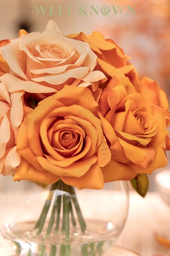 Artificial Flowers Arrangements in Vase with Faux Water, Artificial Orange Silk Rose Bouquet with Vase for Winter Seasonal Home Christmas Wedding Party Centerpieces Decor & Gift (Orange Champagne)