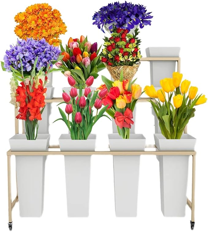 Flower Display Stand with 12pcs Bucket,Heavy Duty Plant Stand with Wheels,33in Tall Flower Cart 3 Tier Flower Shelf for Florist Garden Patio (Gold)