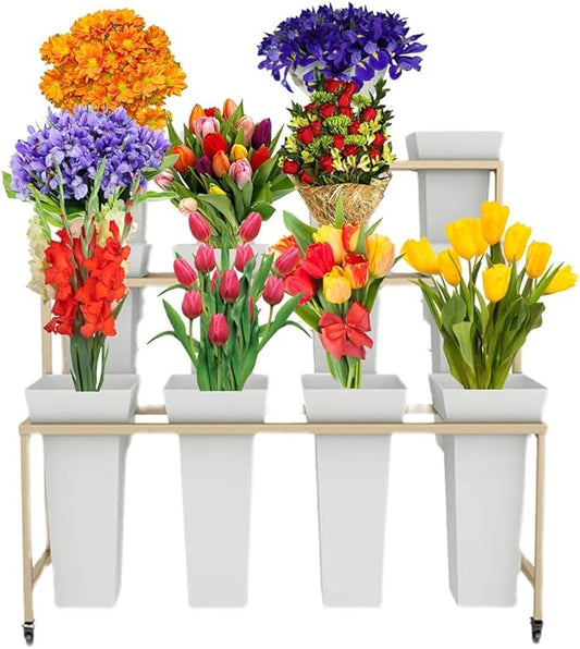 Flower Display Stand with 12pcs Bucket,Heavy Duty Plant Stand with Wheels,33in Tall Flower Cart 3 Tier Flower Shelf for Florist Garden Patio (Gold)