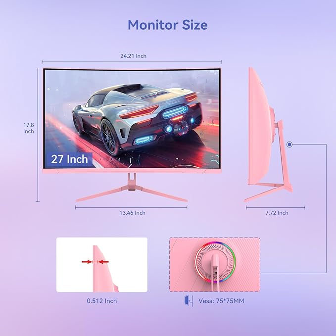 Pink 27 inch Curved Gaming Monitor 100Hz,FHD 1080P,1500R LED Display,Pink Computer Monitor,3ms (MPRT),FreeSync,Eye-Care Technology, DP, HDMI Port for Gaming Home Office,VESA(75mm×75mm)