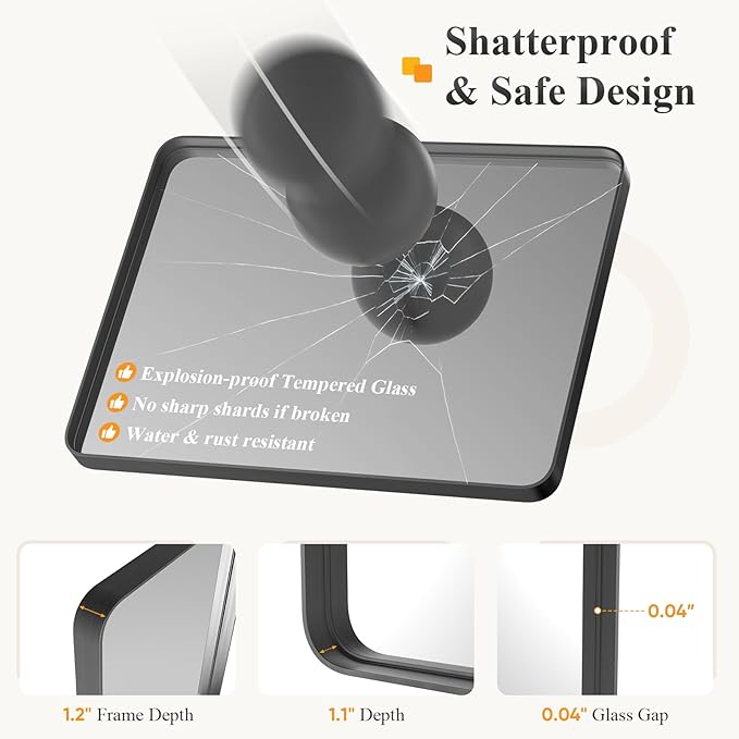 NEWBULIG 36X40 Inch Bathroom Mirror for Over Sink, Wall Vanity Mirrors Tempered Glass, Anti-Rust Metal Framed Rounded Rectangle, Hangs Horizontally or Vertically, Farmhouse Home Decor, Black