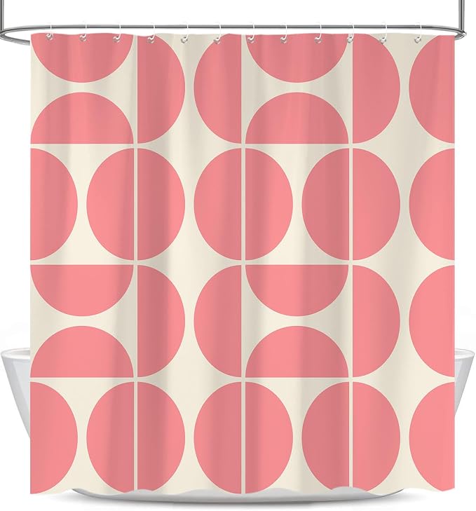 Pink Mid Century Modern Shower Curtain, Boho Abstract Geometric Retro Art Shower Curtains for Bathroom, Cute Semicircle Unique Pattern Polyester Fabric Bathroom Set 12 Hooks 72X72IN