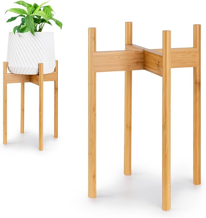 Fox & Fern Mid Century Tall Plant Stand — 10 Inch Fixed Size Raised Bamboo Plant Stand for Indoor Pots (Not Included) - Modern Flower Pot Holder with Plug In Design - Easy to Assemble - Bamboo