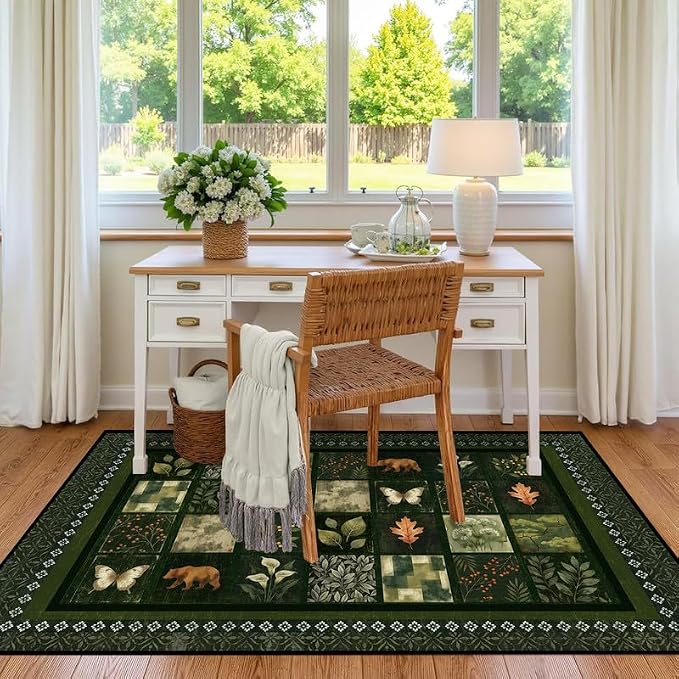 3'x5' Vintage Green Botanical Area Rug Non-Slip Washable Nature Patchwork Carpet Boho Floor Mat Rugs for Entryway Bedroom Living Room Nursery Kitchen Playroom Home Decor