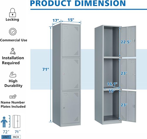 BYNSOE Metal Locker Cabinet - 3-Door Design for Employees, Schools & Gyms - Grey, Assembly Required