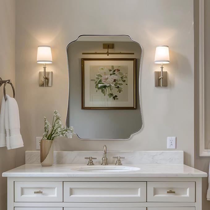 ANDY STAR 24"x32" Brushed Nickel Mirror, Scalloped Bathroom Wall Mirror with Metal Frame for Vanity, Vintage Design Ideal for Entryway, Living Room & Bedroom Decor