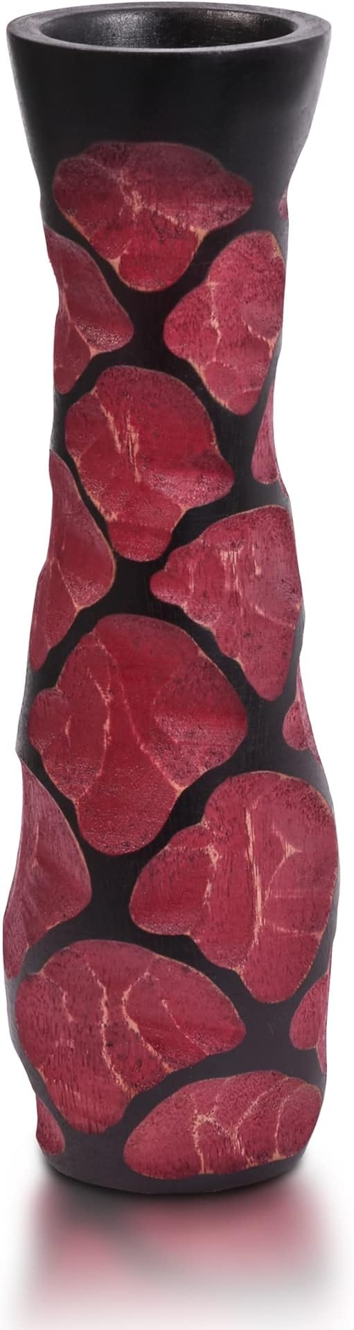 Beautifully Carved 10-Inch Red & Black Mango Tree Wood Vase | Handcrafted Decorative Wooden Flower Vase | Elegant Home Decor Accent