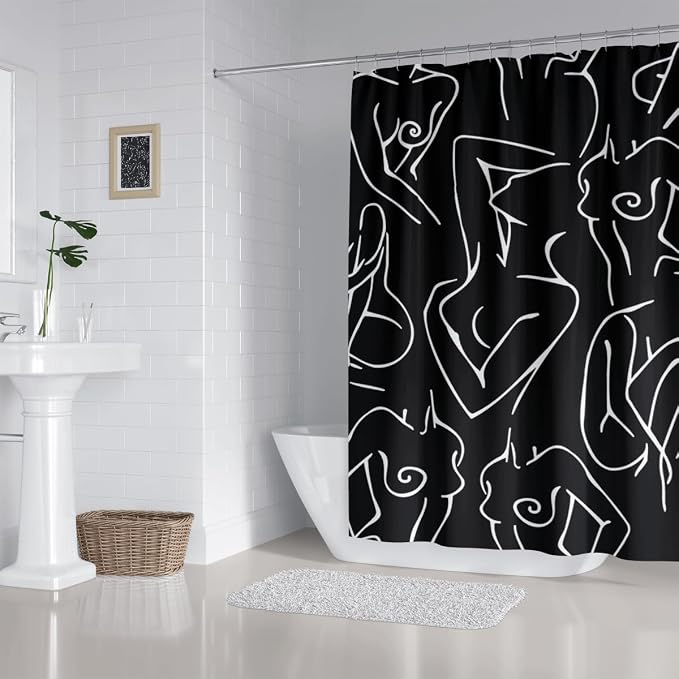 Black White Shower Curtain Abstract Woman Naked Nude Line Minimalist Sexy Girls Modern Art Decor Aesthetic Fabric for Home Bathroom Waterproof Fabric 72Lx60W Inch with Plastic 12PCS Hooks