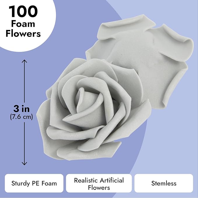 Bright Creations Artificial Flowers Foam Roses - 100-Pack, 3-Inch Grey Polyethylene Flower Heads - Bulk Grey Stemless Roses for DIY Crafts & Centerpieces