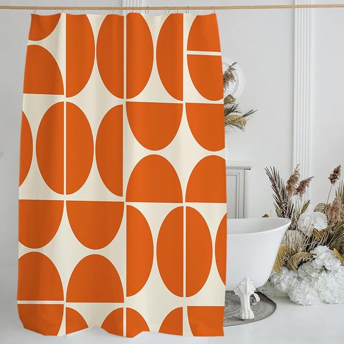 Modern Abstract Geometric Shower Curtain Sets,Orange Mid Century Art Bath Curtain for Bathroom,Waterproof Fabric Polyester Curtain with 12 Hooks, 60 x 72 Inches