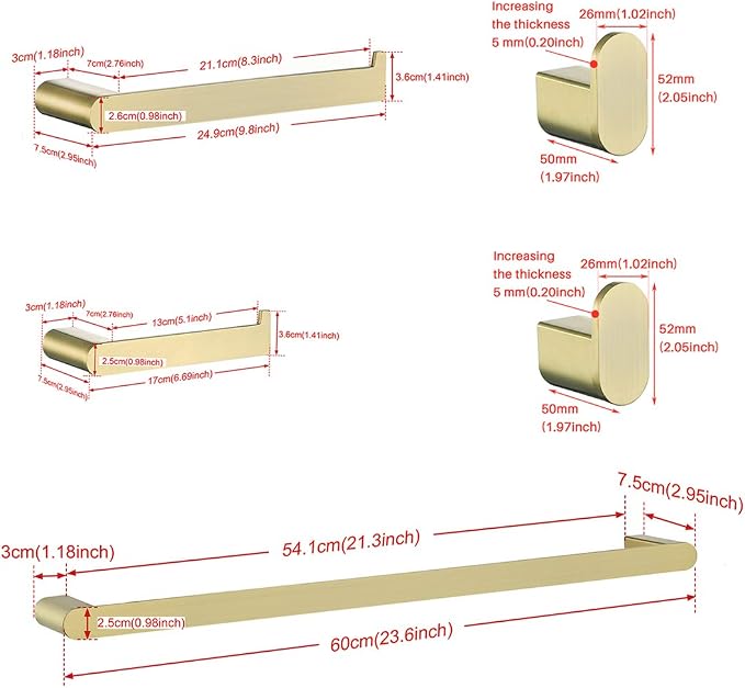 RANDOM Brushed Gold Towel Bar Set 5 Piece Bathroom Hardware Set Include 9.8/23.6 Inch Towel Holder Toilet Paper Holder and 2 Towel Hooks Stainless Steel Bathroom Accessories Kit Wall Mount