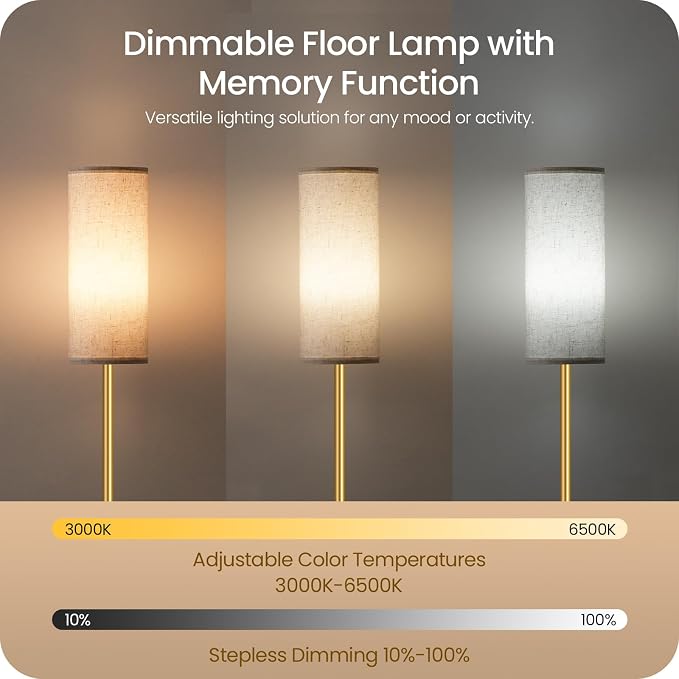 Dimmable Floor Lamp for Living Room with Remote and Foot Switch, Standing Tall Lamp, Bulb Included, 3000K-6500K, Beige and Gold, FCC Listed DE06LD05W1