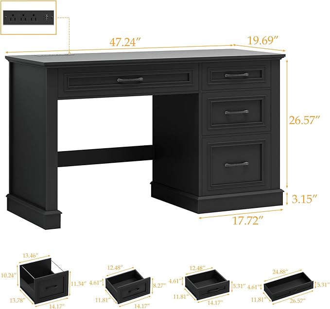 Farmhouse 47" Executive Desk, Computer Desk with Drawers and File Drawer, Workstation Computer Desk with Charging Station for Home Office, Study,(Pure Black)