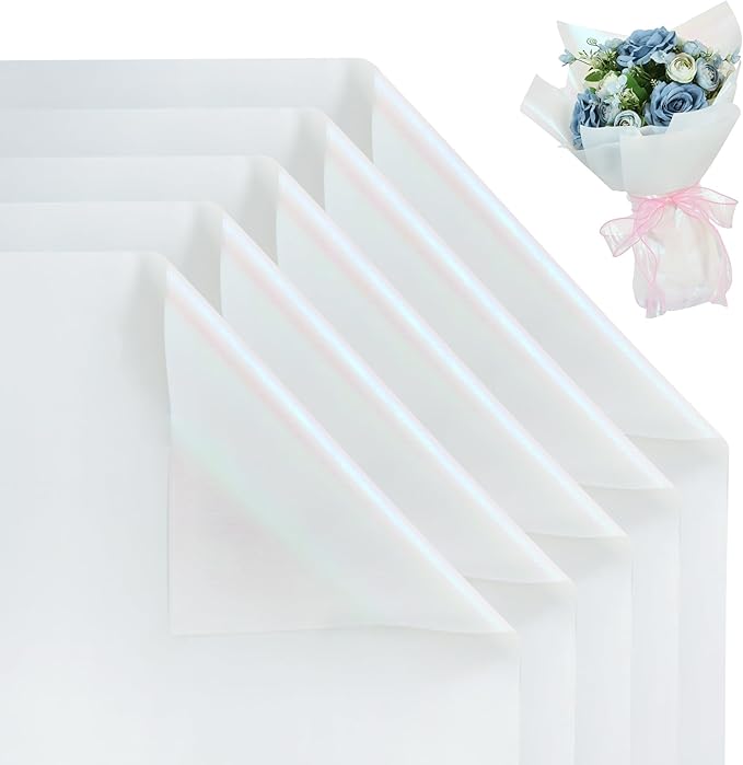 BEISHIDA 20 PCS White Floral Wrapping Paper-Iridescent Waterproof Flower Wrapping Paper Bouquet for Florist Supplies, DIY Crafts, Gift Packaging, Wedding, Birthday Gift