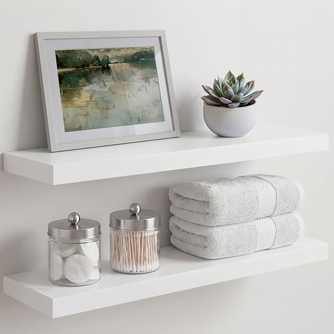 Homeforia White Floating Shelves 24 inch, High End Solid Real Wood 24inch Bathroom Floating Shelf for Wall Mounted, White Wooden 24in Floating Shelves, Heavy Duty Bracket, 24 X 6.5 X 1.75 in, Set of 2