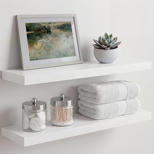 Homeforia White Floating Shelves 24 inch, High End Solid Real Wood 24inch Bathroom Floating Shelf for Wall Mounted, White Wooden 24in Floating Shelves, Heavy Duty Bracket, 24 X 6.5 X 1.75 in, Set of 3