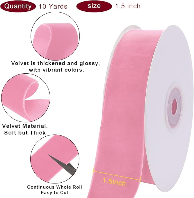 10 Yards Pink Velvet Ribbon 1 1/2 Inch for Christmas Tree,Light Pink Velvet Christmas Ribbon for Gift Wrapping Crafts Bow Wreath Holiday Decorations (Pink)